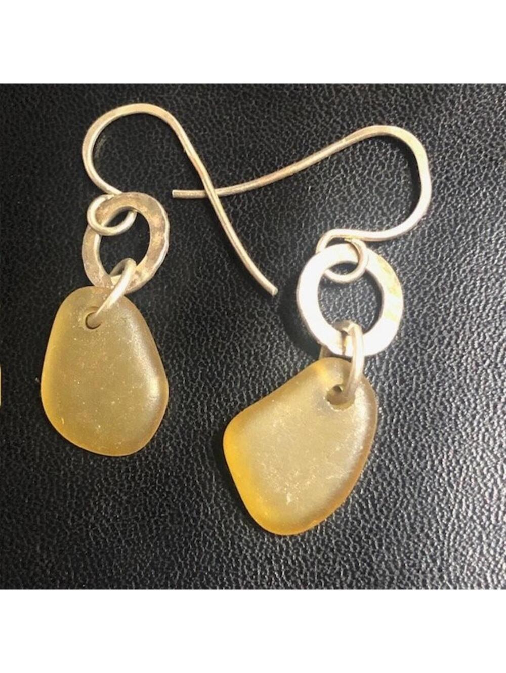 B1261 Golden Sea Glass Sterling Silver Dangle Earrings Hammered Ring Artisan